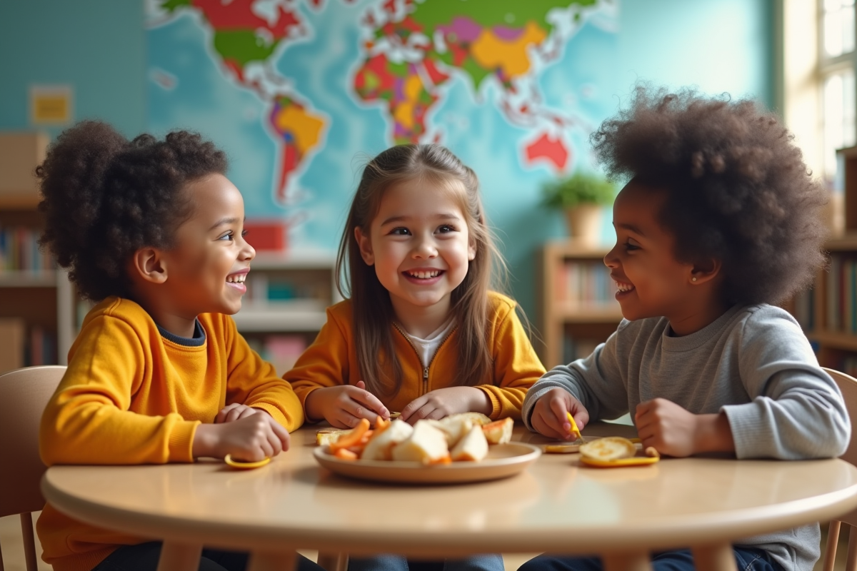 Trois enfants de cultures différentes partageant des snacks en classe