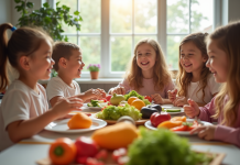 Groupe d'enfants souriants dégustant des fruits et légumes frais