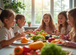 Groupe d'enfants souriants dégustant des fruits et légumes frais