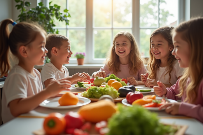 enfants-manger-fruits-legumes Groupe d'enfants souriants dégustant des fruits et légumes frais