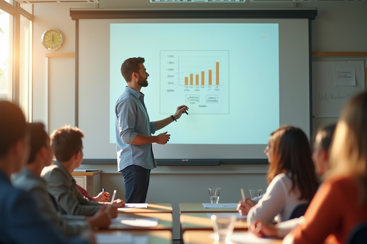 Jeune professeur utilisant un tableau interactif avec des élèves attentifs