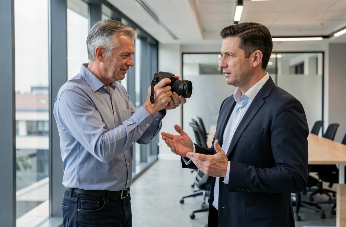 Eoche Patrick photographiant un cadre d'entreprise lors d'une séance portrait corporate dans un bureau moderne de Montpellier