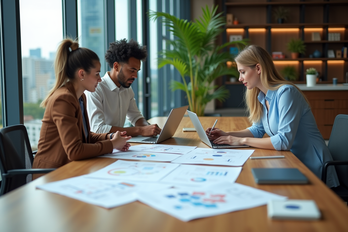 Groupe de professionnels collaborant autour de diagrammes blockchain