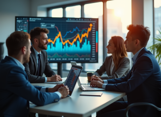 Groupe de professionnels financiers dans un bureau lumineux