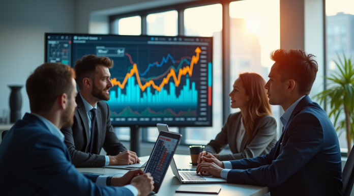 Groupe de professionnels financiers dans un bureau lumineux