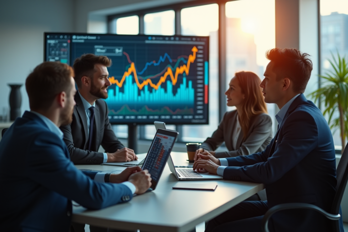 equipe-finance-bureau Groupe de professionnels financiers dans un bureau lumineux