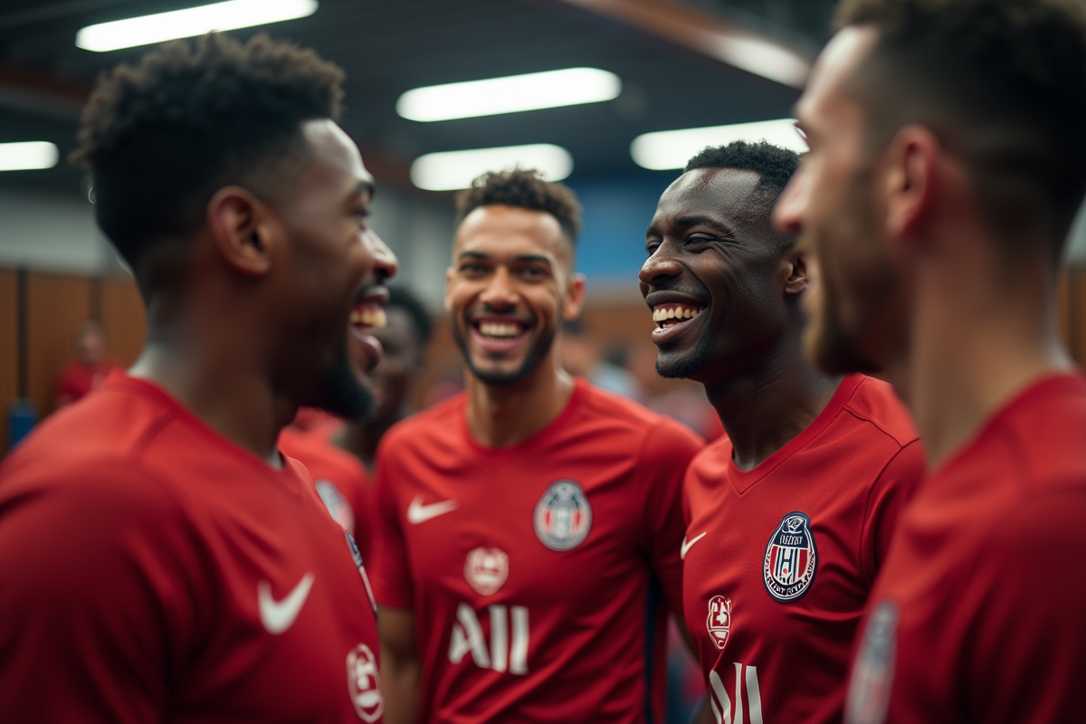 Groupe de joueurs AC Amiens riant dans les vestiaires