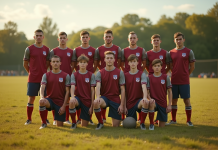 Equipe de football vintage française posant fièrement sur un terrain naturel