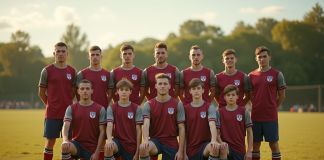 Equipe de football vintage française posant fièrement sur un terrain naturel