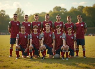 Equipe de football vintage française posant fièrement sur un terrain naturel
