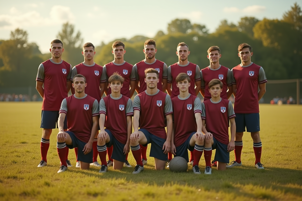 Equipe de football vintage française posant fièrement sur un terrain naturel