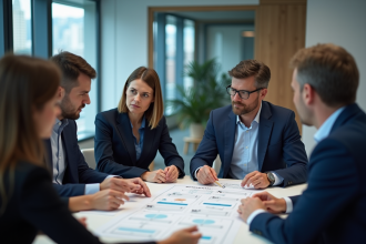 Groupe de professionnels autour d'un flowchart blockchain