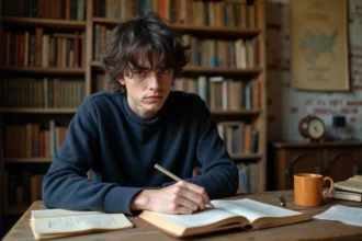 Étudiant adolescent lisant des citations de Rimbaud dans un bureau vintage entouré de livres de poésie pour réviser le Bac de français
