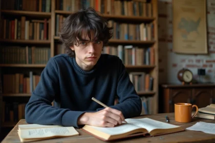 Étudiant adolescent lisant des citations de Rimbaud dans un bureau vintage entouré de livres de poésie pour réviser le Bac de français