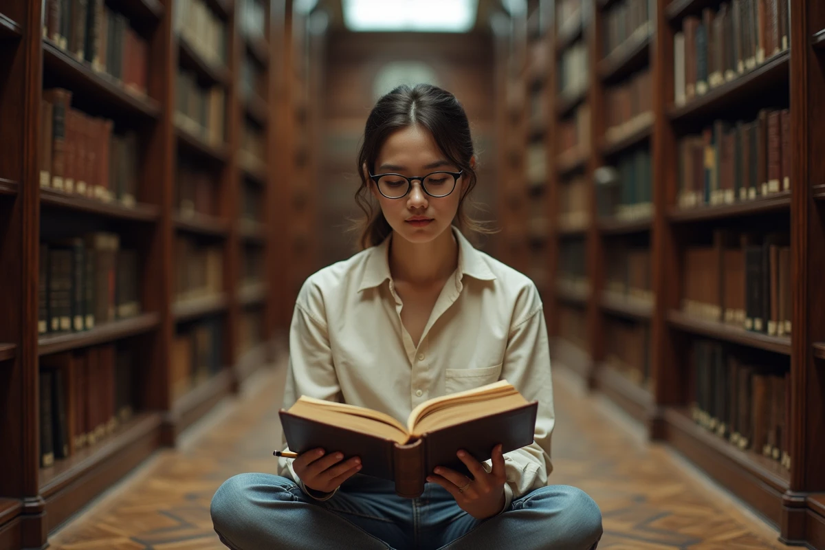 Jeune étudiante découvrant des citations méconnues de Rimbaud dans une bibliothèque universitaire classique pour préparer le Bac de littérature
