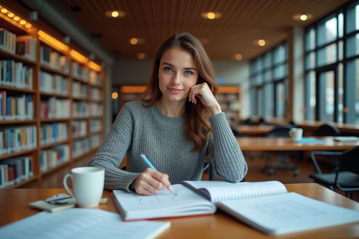 Étudiante en économie étudiant la théorie HOS et la dotation factorielle dans une bibliothèque universitaire avec des manuels ouverts