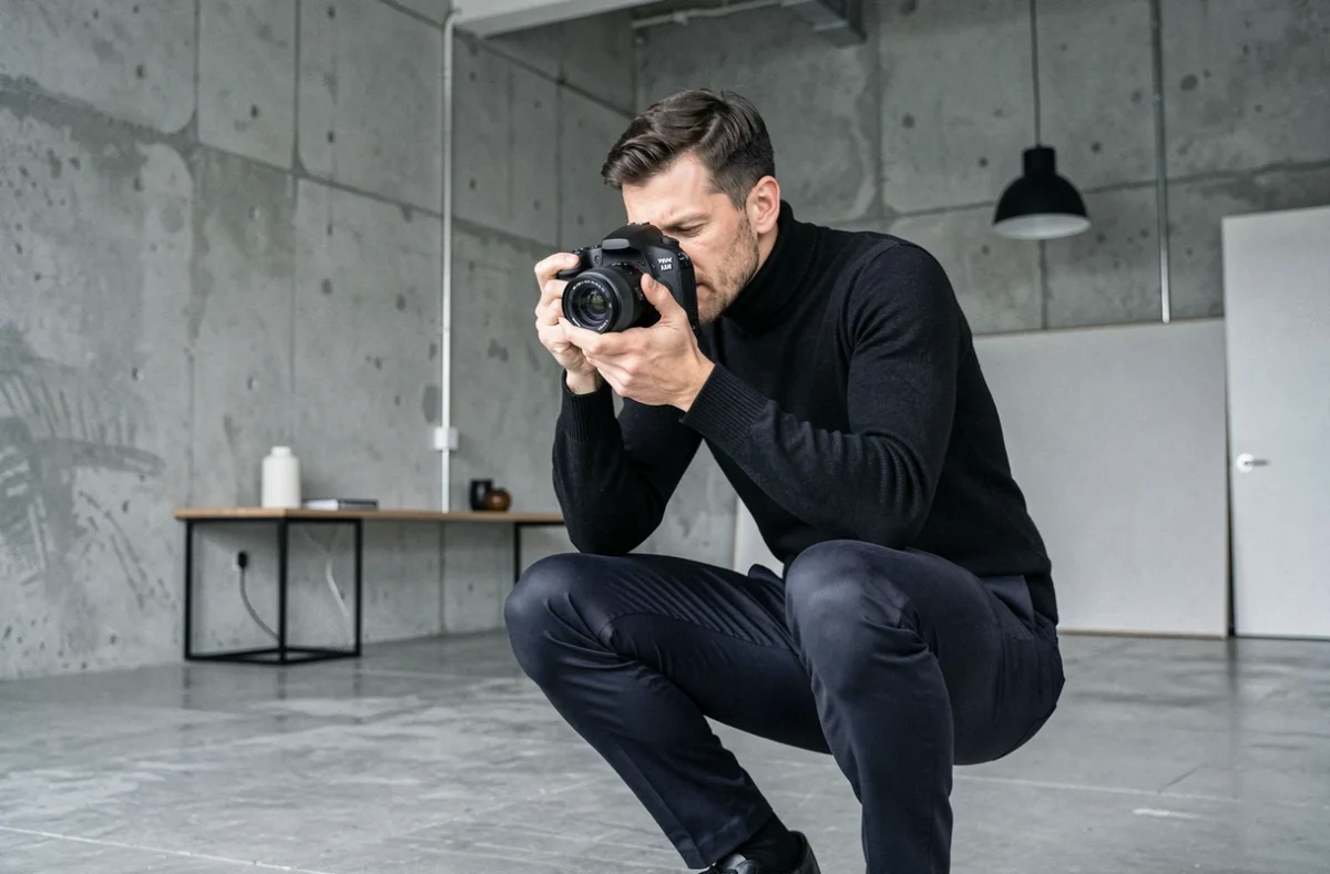 Photographe EyesOneShot en studio moderne en train de cadrer une photo avec professionnalisme