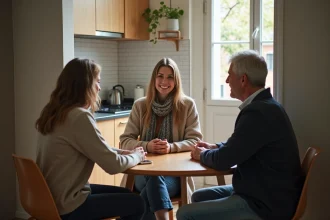 Femme jeune avec ses parents dans une cuisine moderne