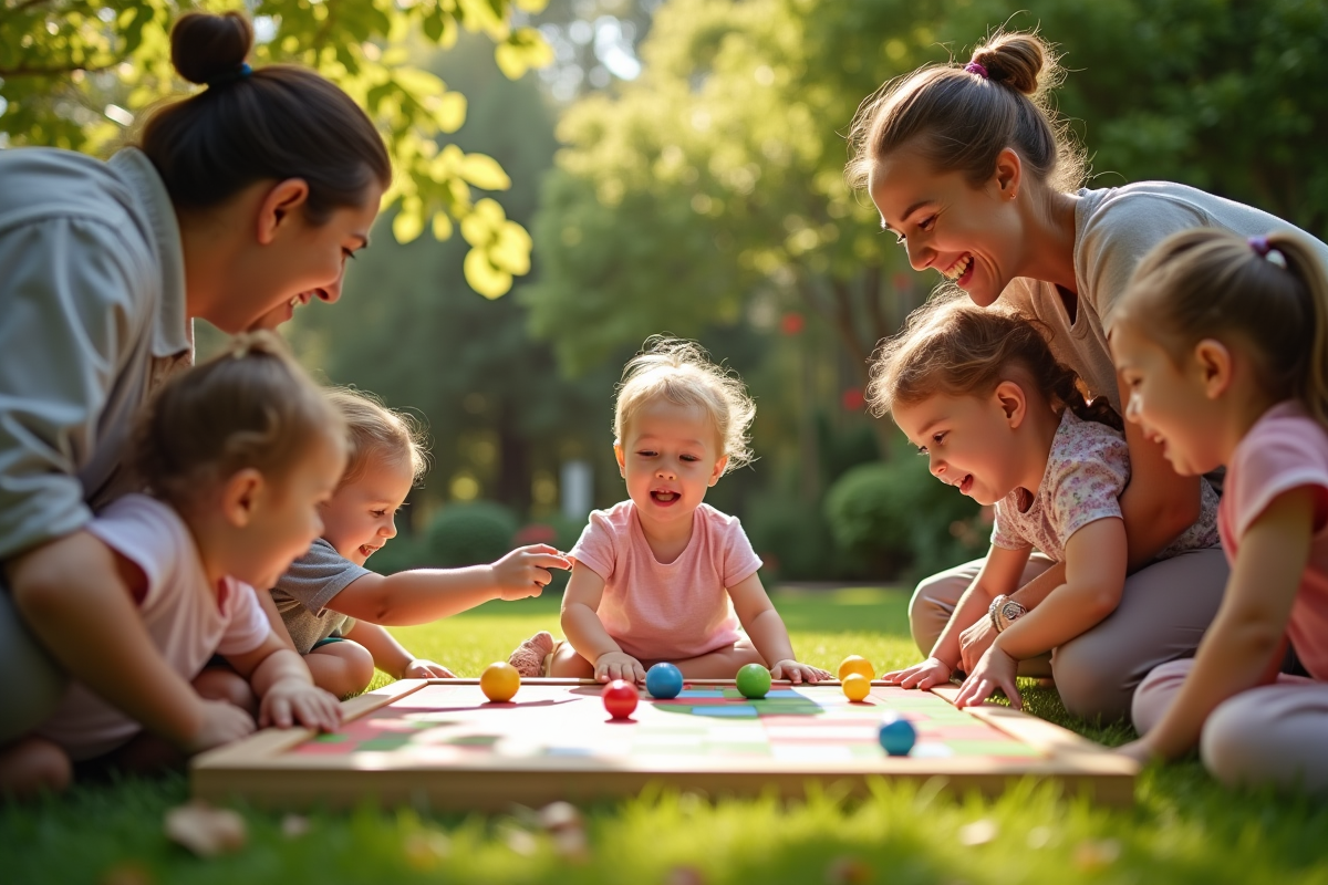 Famille jouant au jeu de la galette dans un jardin ensoleille