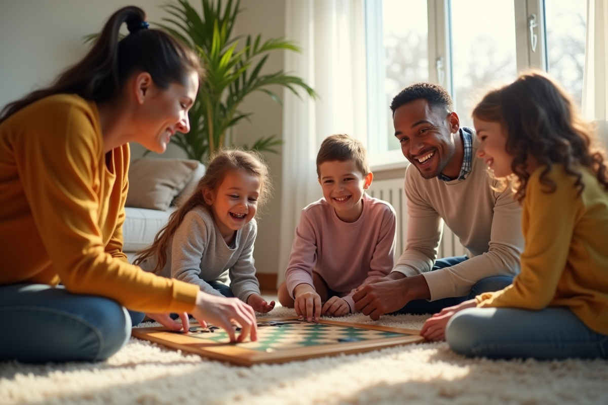 Famille jouant à un jeu de société dans le salon en famille