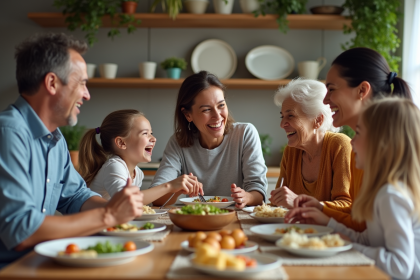 Famille multigenerations partageant un repas en cuisine chaleureuse