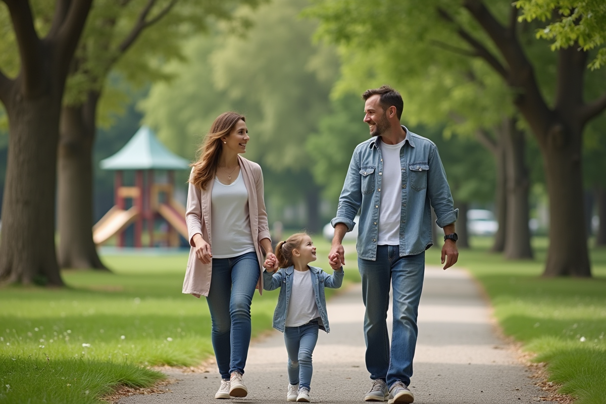 Famille marchant dans un parc verdoyant en famille