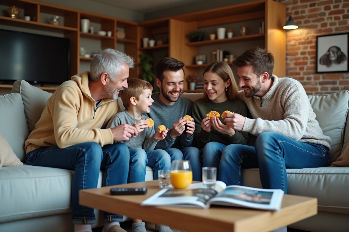 Famille réunie dans le salon pour une soirée télé conviviale le week-end avec programme TV