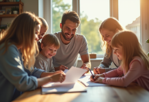 Famille souriante autour d'une table ensoleillée pour l'article