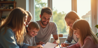 Famille souriante autour d'une table ensoleillée pour l'article