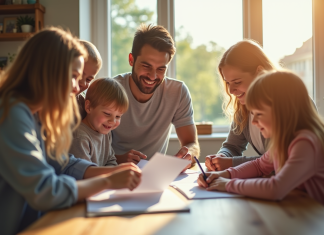Famille souriante autour d'une table ensoleillée pour l'article