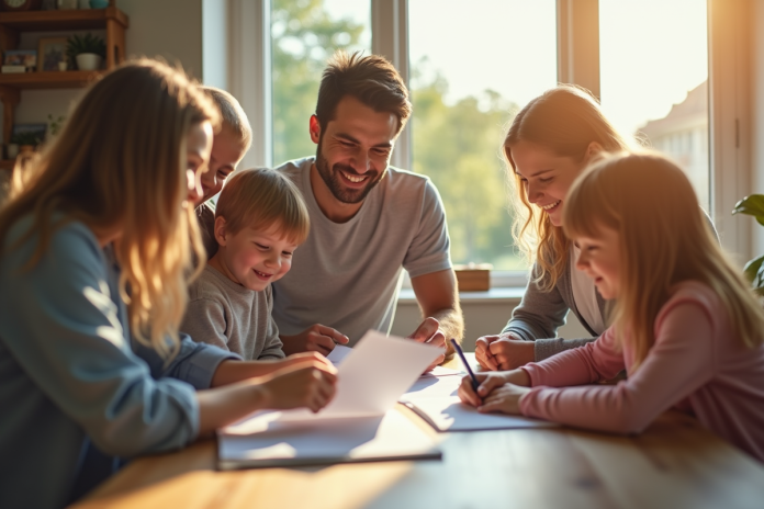 Famille souriante autour d'une table ensoleillée pour l'article