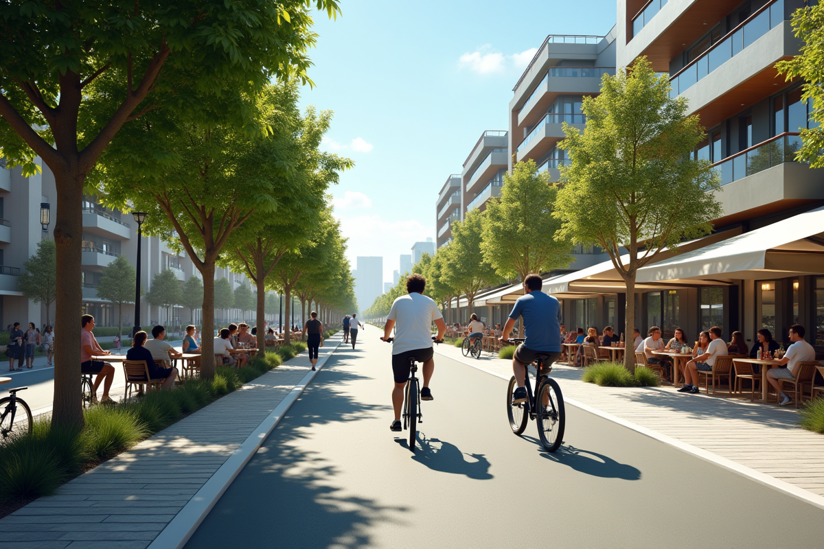 Famille à vélo dans une ville animée et arborée