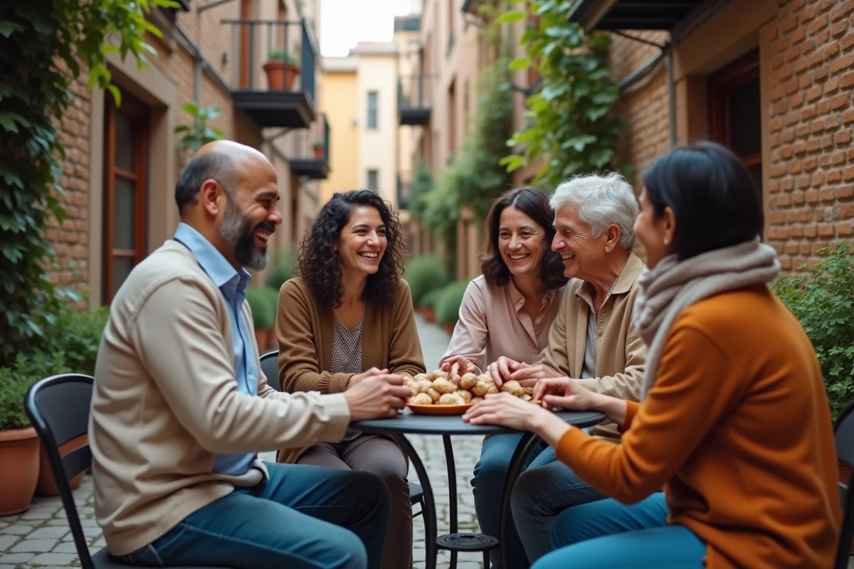 Deux familles voisines échangeant des douceurs et des voeux de Ramadan dans une cour d'immeuble conviviale
