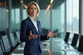 Femme d'affaires en costume navy lors d'une réunion professionnelle