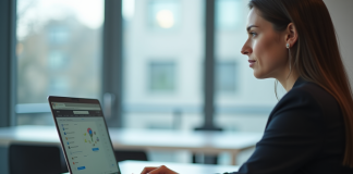 Femme d'affaires au bureau utilisant son ordinateur portable