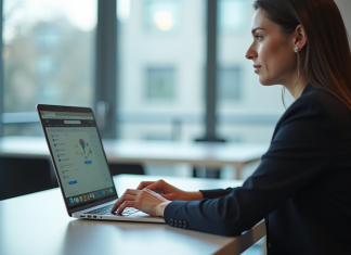 Femme d'affaires au bureau utilisant son ordinateur portable