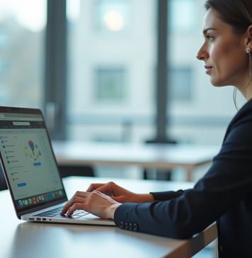 Femme d'affaires au bureau utilisant son ordinateur portable