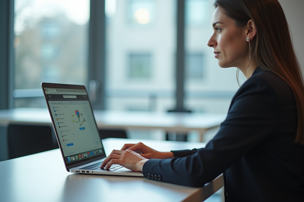 Femme d'affaires au bureau utilisant son ordinateur portable
