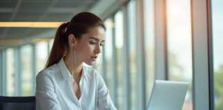 Femme d'affaires confiante utilisant un ordinateur dans un bureau lumineux
