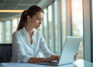 Femme d'affaires confiante utilisant un ordinateur dans un bureau lumineux