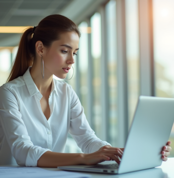 Femme d'affaires confiante utilisant un ordinateur dans un bureau lumineux