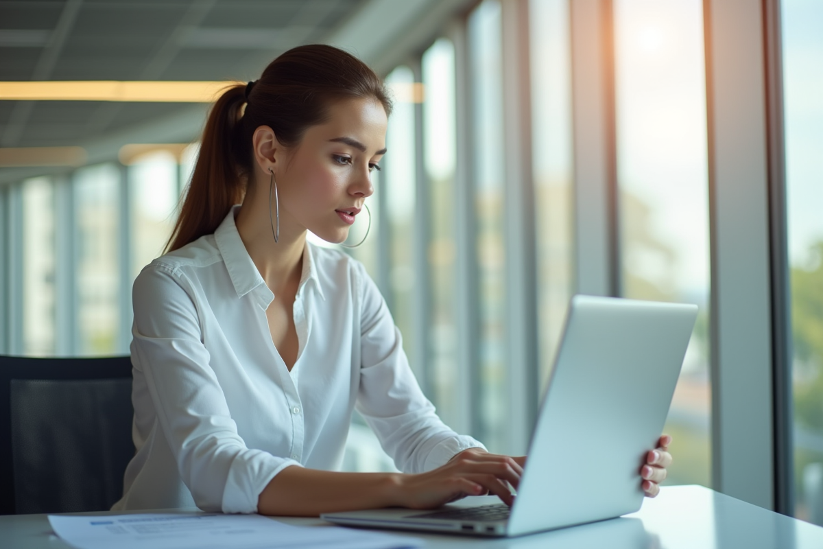 Femme d'affaires confiante utilisant un ordinateur dans un bureau lumineux