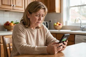 Femme d'une cinquantaine d'années regardant son téléphone avec une expression perplexe face à un appel entrant d'un numéro 0568 inconnu