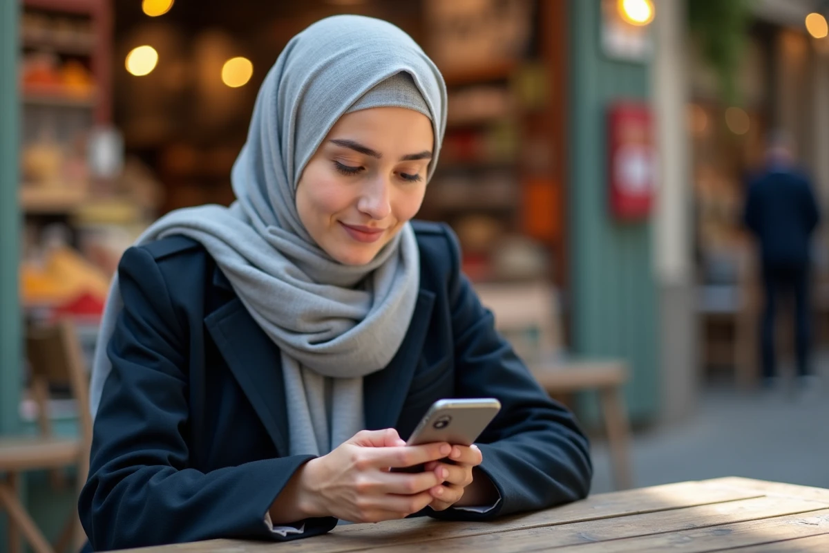 Jeune femme musulmane consultant les horaires de prière sur son téléphone dans un café du quartier Noailles à Marseille