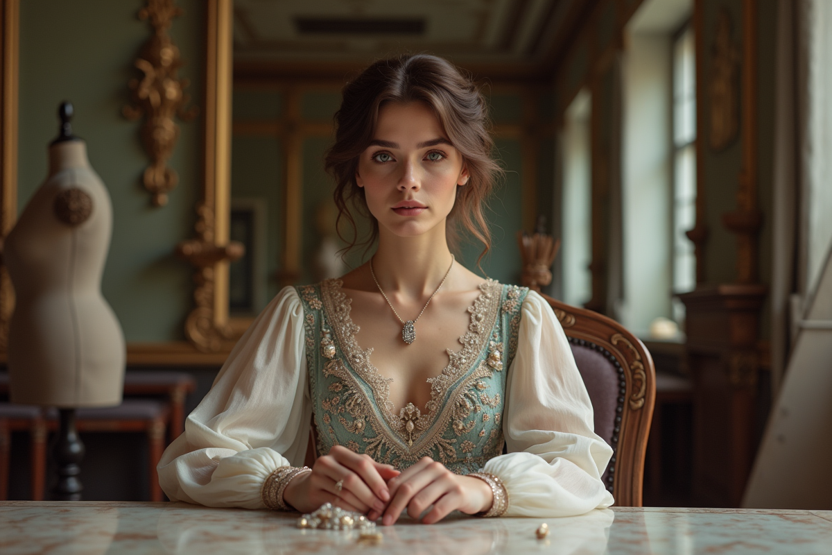 Jeune femme en robe couture cousant à un bureau ancien