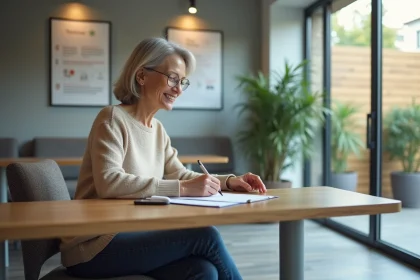 Femme d'âge moyen écrivant à un bureau dans un centre visiteur