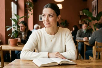 Femme réservée et attentionnée dans un café, illustrant le profil de femme attirée par l'homme Vierge