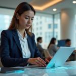 Femme d'affaires utilisant une interface bancaire digitale