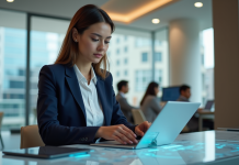 Femme d'affaires utilisant une interface bancaire digitale