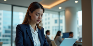 Femme d'affaires utilisant une interface bancaire digitale